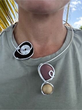 Handmade Silver Wire Collar Necklace with Black, Mauve and Beige Accents